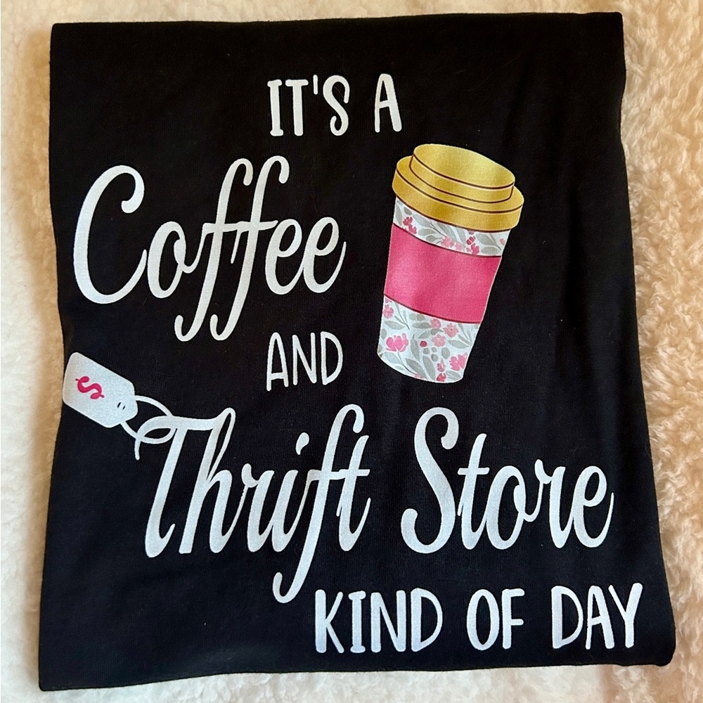 Black Graphic Tee with Coffee and Thrift Store Design